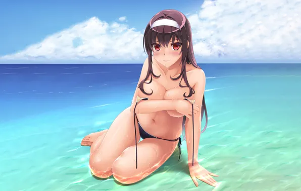 Girl, sexy, wet, cleavage, beach, sky, long hair, legs