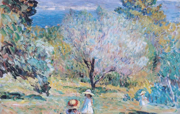 Картинка пейзаж, горы, дети, краски, картина, Анри Лебаск, Girls in a Mediterranean Landscape