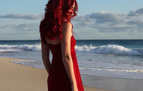 Картинка море, волны, небо, девушка, руки, красное платье, кудри, красные волосы