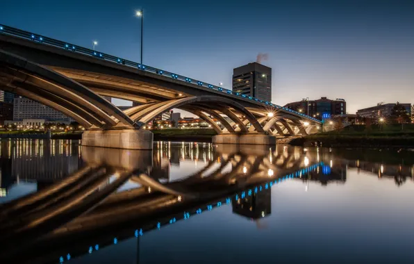 Ночь, мост, огни, США, Columbus