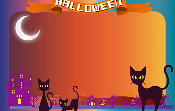 Кошки, Хэллоуин, рендер, открытка, 31 октября