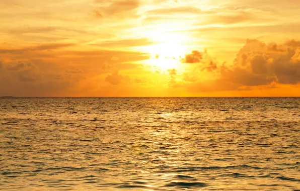 Картинка море, небо, солнце, облака, горизонт, зарево, Мальдивы