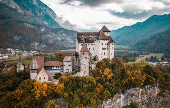 Осень, лес, горы, замок, Liechtenstein, Лихтенштейн, Gutenberg Castle, Гутенберг