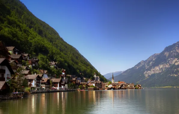 Картинка лес, небо, вода, горы, город, дома, Австрия, Austria
