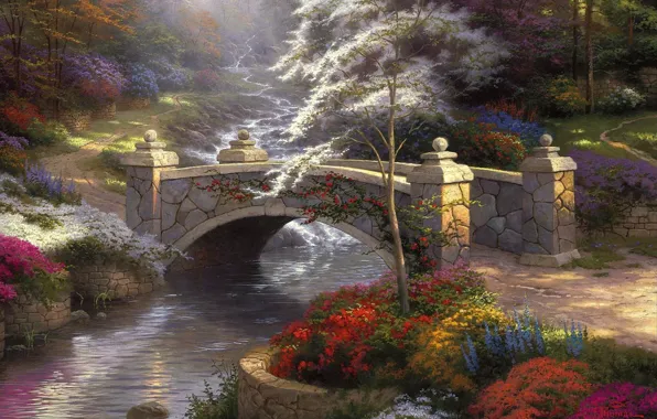 Картинка мост, природа, речка, живопись, мостик, nature, bridge, Томас Кинкейд