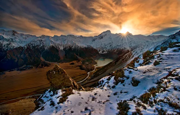 Картинка солнце, снег, горы