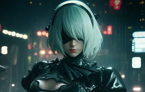 Картинка rain, CGI, androids, 2B (Nier Automata), Mania Carta, AI art, covered eye(s)