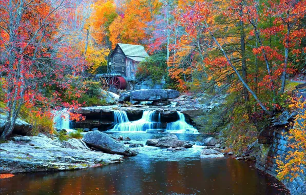 Картинка осень, лес, деревья, камни, водопад, домик, США, речка