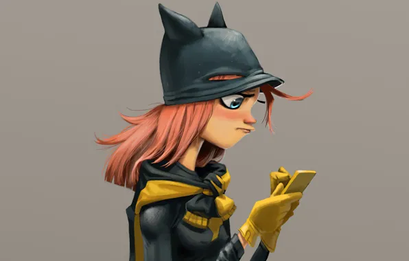 Телефон, рыжие волосы, голубые глаза, серый фон, red hair, blue eyes, phone, Batgirl