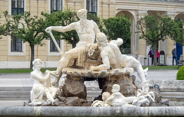 Город, сцена, площадь, фонтан, скульптуры