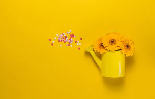 Цветы, букет, желтые, сердечки, лейка, герберы, Valeria Aksakova