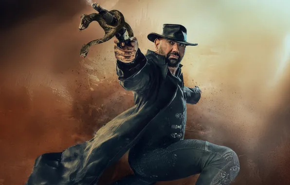 Взгляд, оружие, шляпа, фигура, тату, плащ, Dave Bautista, Дейв Батиста
