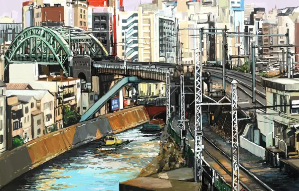 Картинка Tokyo, мост, железная дорога, Shitub52, река, город, art