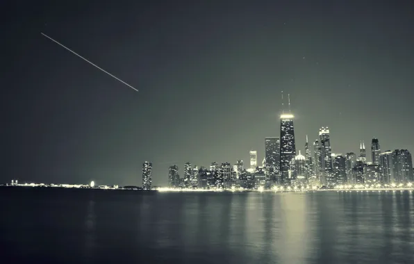 Картинка ночь, город, огни, река, небоскребы, Чикаго, Иллиноис
