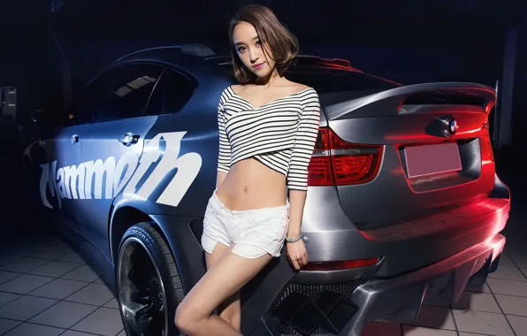 Авто, взгляд, Девушки, BMW, азиатка, красивая девушка, оперлась на машину