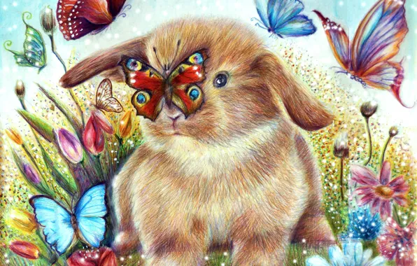Бабочки, цветы, рисунок, кролик, rabbit, butterfly, drawing