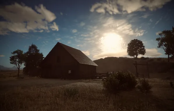 HDR, Clouds, Sky, Game, Evening, Trees, Plants, Barn