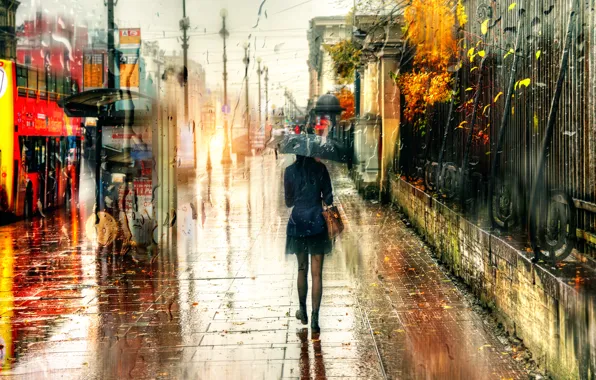 Девушка, капли, дождь, зонт, Санкт-Петербург