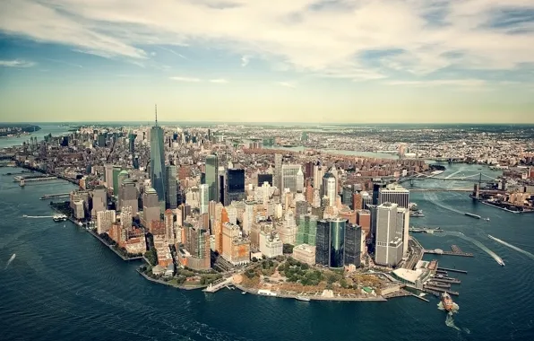 Картинка море, побережье, Нью-Йорк, панорама, залив, США, Манхэттен, мегаполис