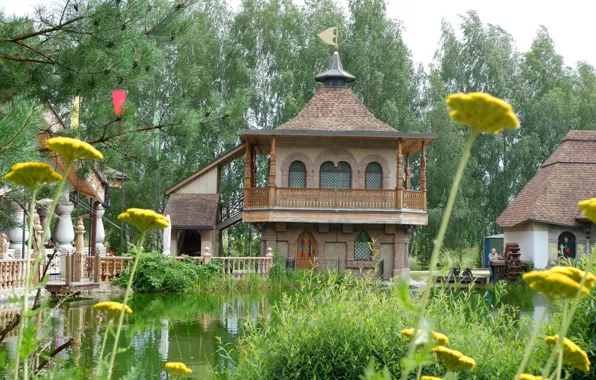 Зеленый, дом, пруд, мельница, шишки, сосна, терем