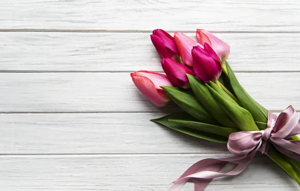 Картинка цветы, букет, лента, тюльпаны, wood, pink, flowers, tulips