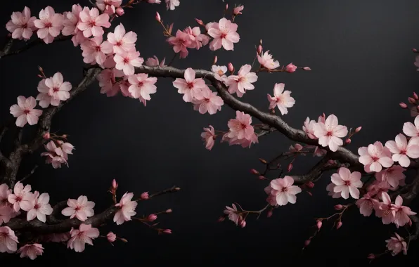 Pink, flowers, sakura, dark background, AI art