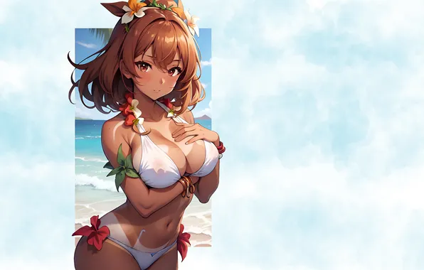 Girl, hot, sexy, beach, ocean, brown hair, boobs, anime