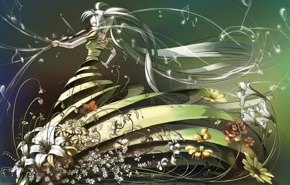 Картинка девушка, цветы, ноты, скрипка, аниме, платье, арт, ost02