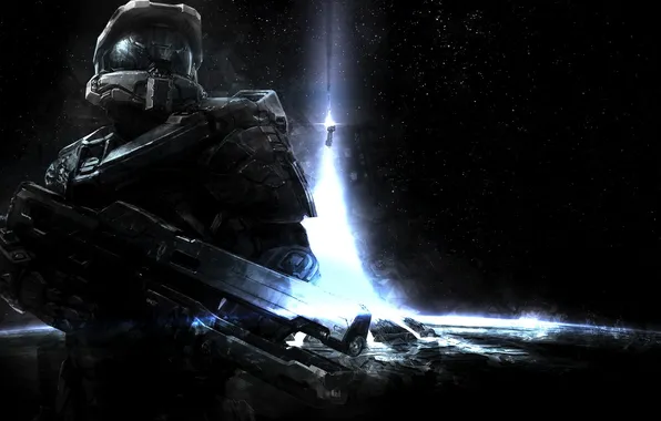 Картинка космос, звезды, оружие, планета, солдат, костюм, Halo 4