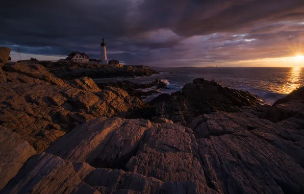 Картинка море, солнце, тучи, скалы, маяк, утро, Портленд, США