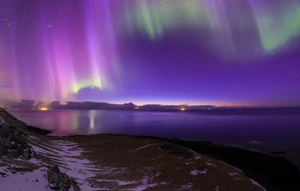 Море, звезды, ночь, огни, берег, северное сияние, Исландия