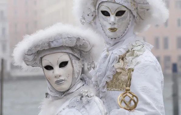 Белый, пара, карнавал, маски, костюмы
