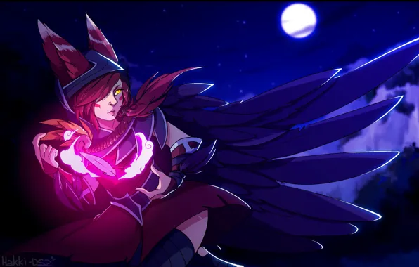 Девушка, ночь, магия, луна, перья, ушки, League of Legends