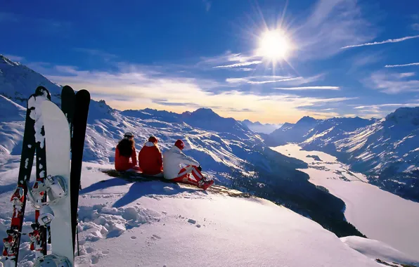 Картинка зима, солнце, снег, горы, праздник, сноуборд, спорт, лыжи