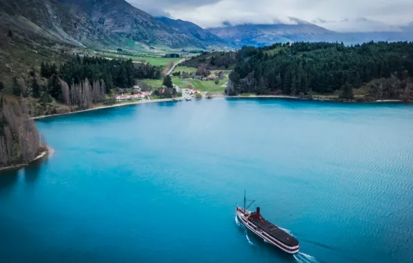 Море, облака, деревья, горы, корабль, новая зеландия, queenstown