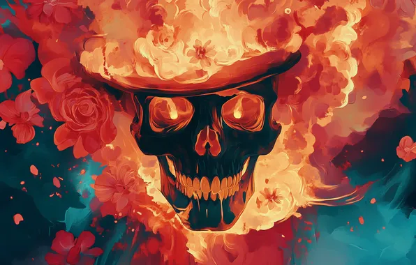 Картинка fire, red, hat, blue, flowers, skull face, AI art