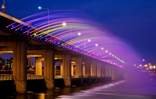 Картинка ночь, мост, город, огни, радуга, Азия, Корея, Сеул