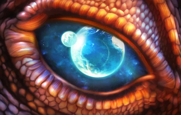 Картинка космос, макро, глаз, дракон, планеты, чешуя, арт, dragon