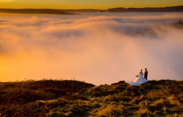 Love, dress, mountains, clouds, morning, sunrise, dawn, couple