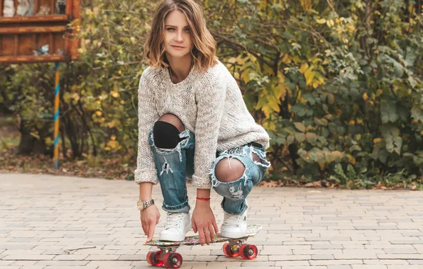 Girl, sexy, long hair, beautiful, model, jeans, sweet, skateboard