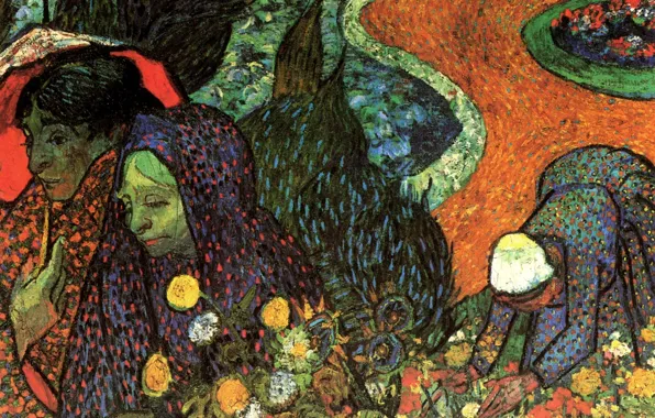 Картинка женщины, цветы, зонтик, дорожка, Винсент ван Гог, Garden at Etten, Memory of the