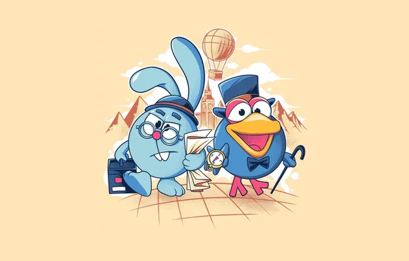 Картинка мультфильм, кролик, путешественники, герои, ворон, смешарики, Крош, Каркарыч