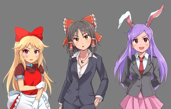 Серый, фон, девочки, аниме, арт, touhou