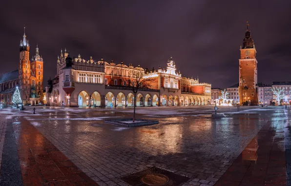 Здания, площадь, Польша, ночной город, Poland, базилика, Kraków, Краков