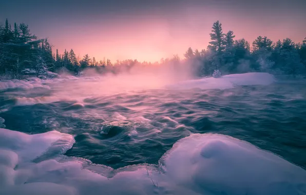 Картинка зима, закат, туман, озеро