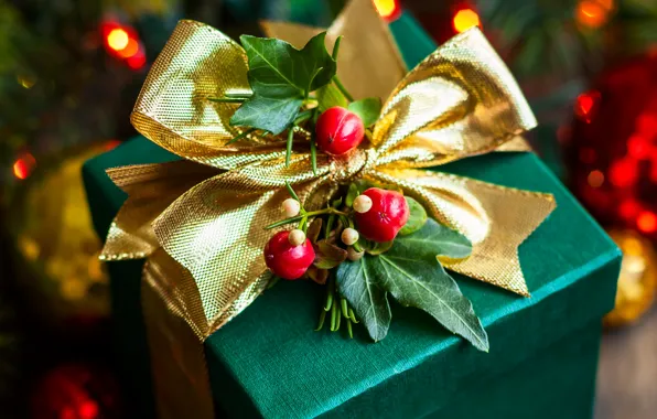 Листья, ягоды, коробка, подарок, Новый Год, Рождество, лента, бант