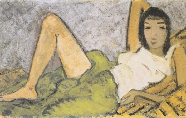 Картинка девушка, брюнетка, 1914, Экспрессионизм, Otto Mueller, Liegendes Madchen -