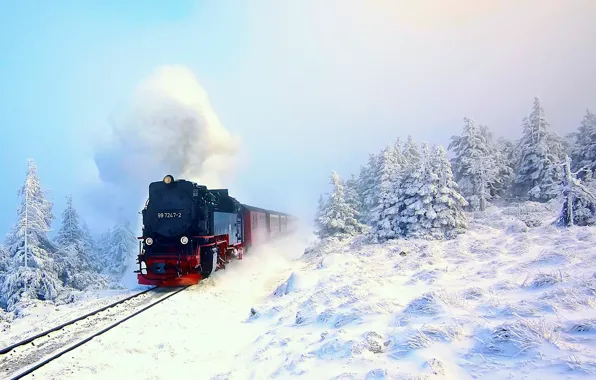 Картинка зима, лес, снег, поезд, паровоз