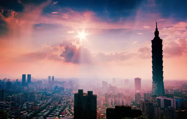 Картинка лето, солнце, город, после дождя, Тайбэй, небоскрёб, провинция Тайвань, КНР