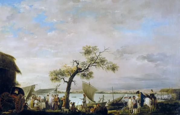 Картинка пейзаж, люди, лодка, картина, парус, Антонио Карничеро, Вид на Лагуну Альбуфера в Валенсии